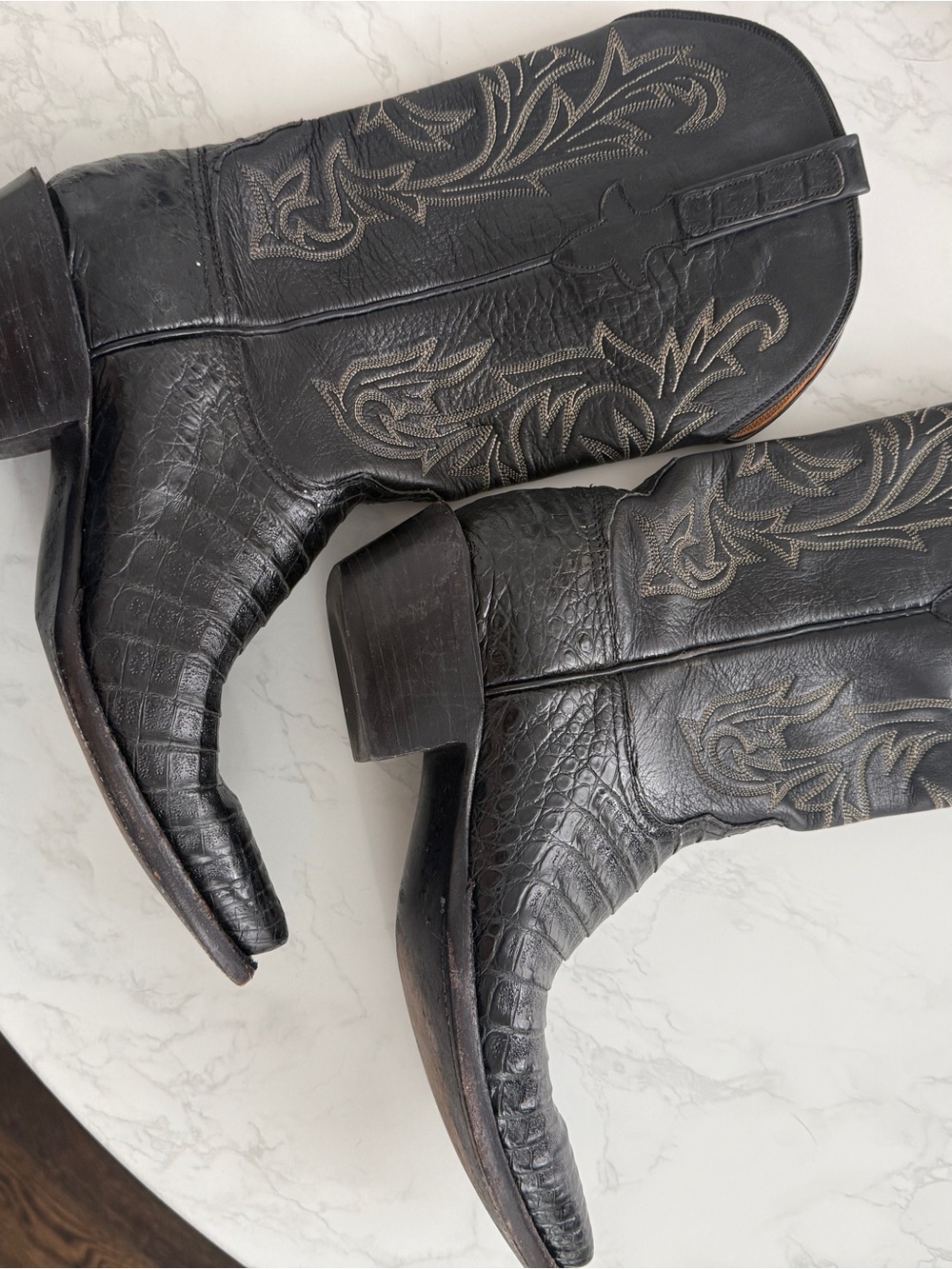 Lucchese Black Caiman Embroidered Leather Western Boots - Picture 4 of 11